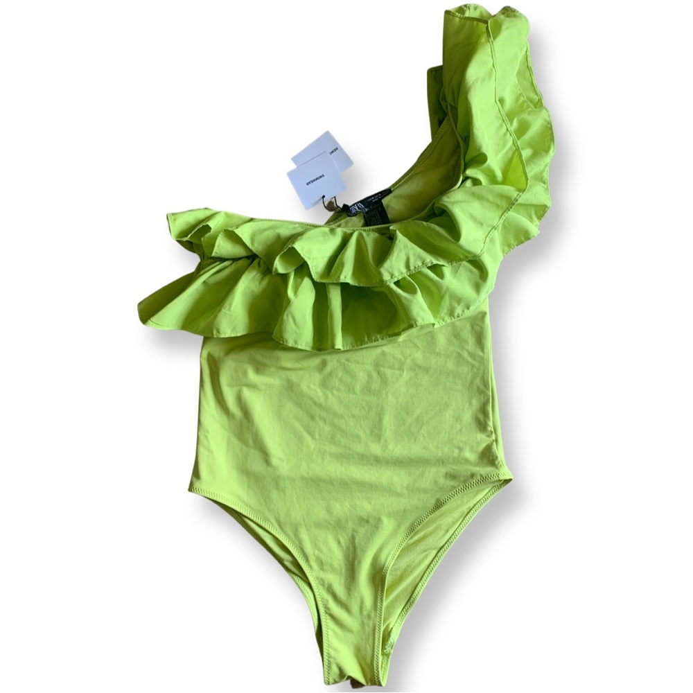 NWT Zara Swimsuit One Piece One Shoulder Ruffled Lime Green Medium